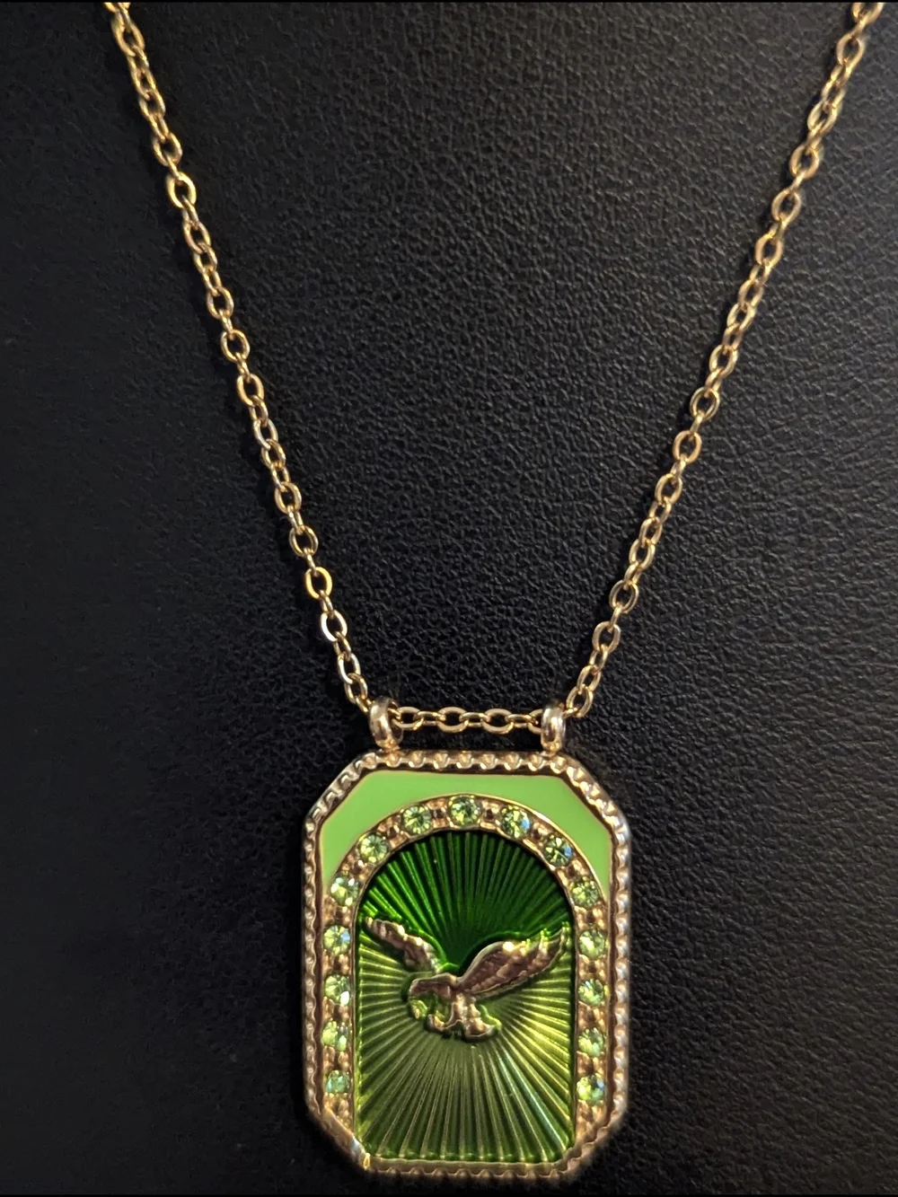 Gold Plated Green Enamel Bird Pendant Necklace